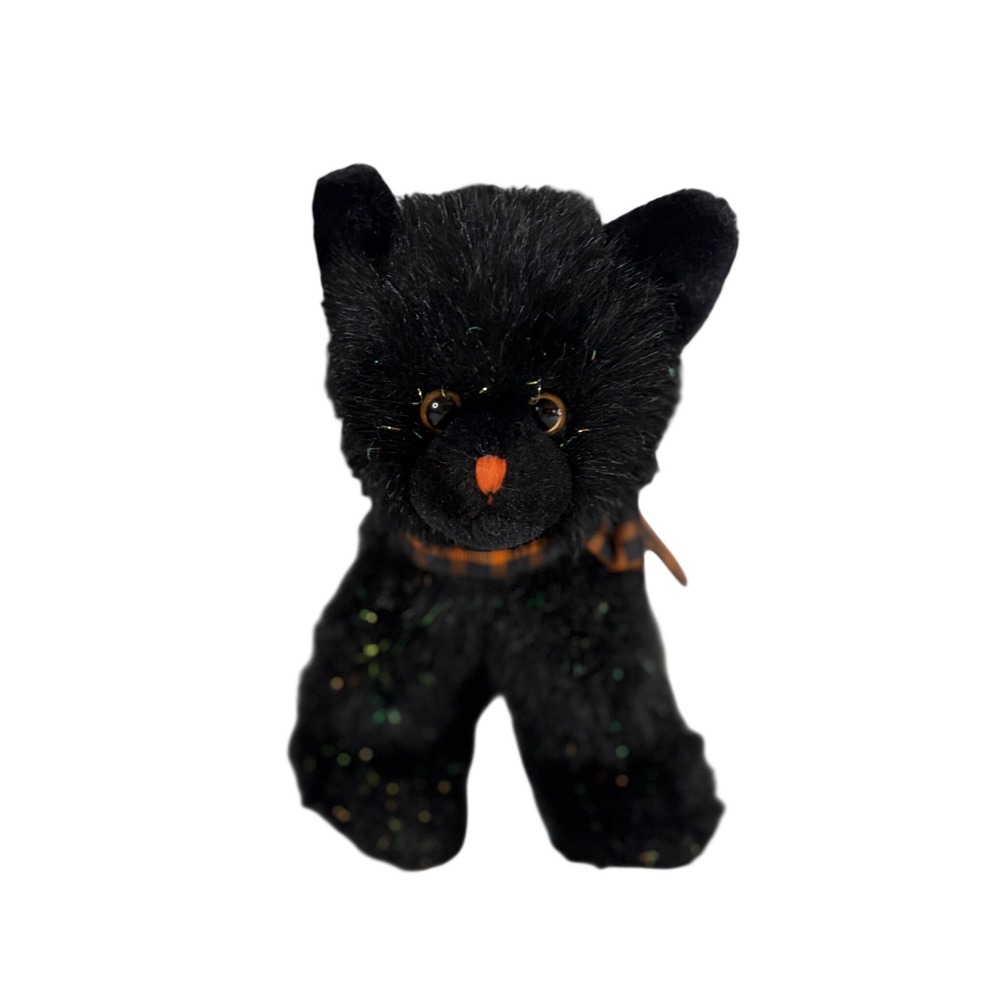 Russ Berrie Burnside Black Cat Plush Halloween Tinsel Bow Stuffed Animal 7"